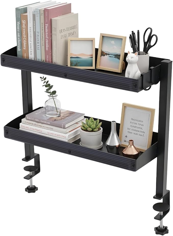 Clamp on Desk Shelf 2 Tier Office Desks Shelves Organizer Tabletop Book Storage Rack Plastic Desktop Supplies Storage Rack Office Supplies Desk Accessories