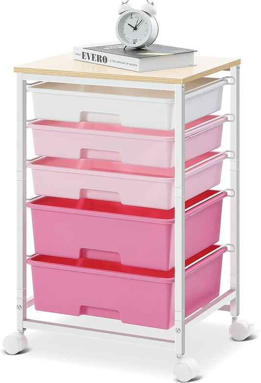 SYKIARIOL Utility Cart with 5 Drawers,Storage Drawer Cart with Wooden Tabletop and Lockable Wheels,Craft Storage Trolley Cart,5-Tier Rolling Utility Cart on Wheels,Rose Pink