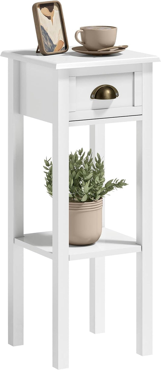 HOMCOM Narrow End Table with Drawer and Bottom Shelf, Slim Side Table for Small Spaces, Skinny Modern Accent Desk for Living Room, Set of 1, White