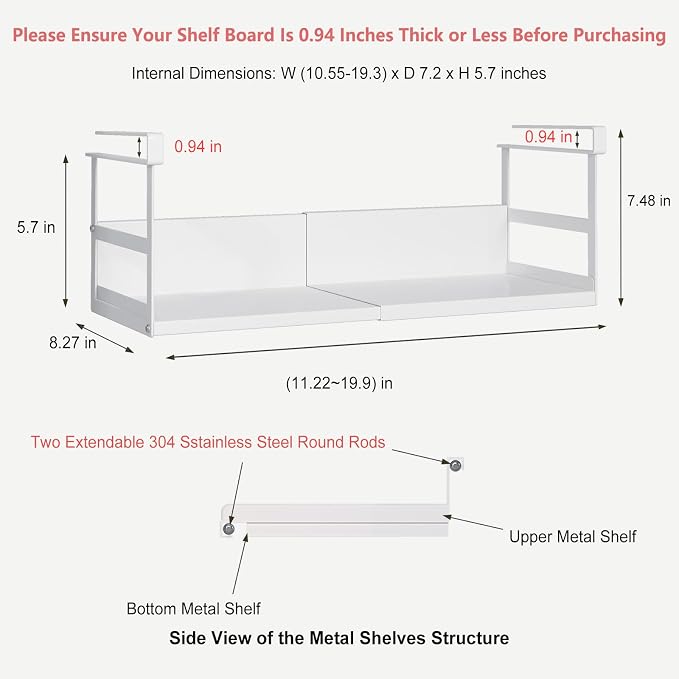 Expandable Under Cabinet Shelf Organizer with 0.94-Inch Thick Clips, Heavy Duty Extendable Under Shelf Storage Basket for Pantry or Laundry Room, White, 1 Pack, Interior: 5.7" H x 7.2" D