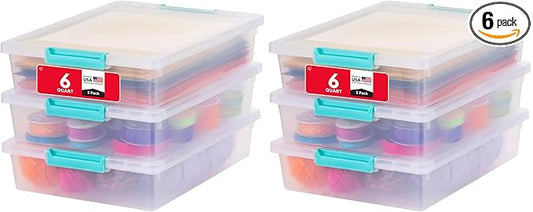 IRIS USA 6 Qt. Craft Storage Bins with Lids, 6-Pack, |Made in USA|, Clip Box, Small Plastic Sensory Bin Tote Organizer Containers for Art Supplies, Paper, & Office, Stackable - Clear/Seafoam Blue