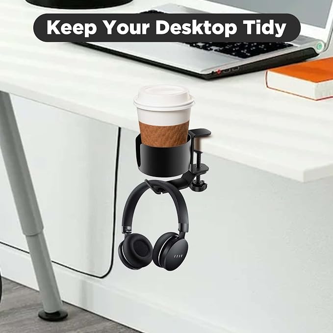 OOKUU 2 in 1 Desk Cup Holder with Headphone Hanger, Anti-Spill Cup Holder for Desk or Table, Easy to Install, Sturdy and Durable, Enough to Hold Coffee Mups, Water Bottles, Headphones (Pack of 2)