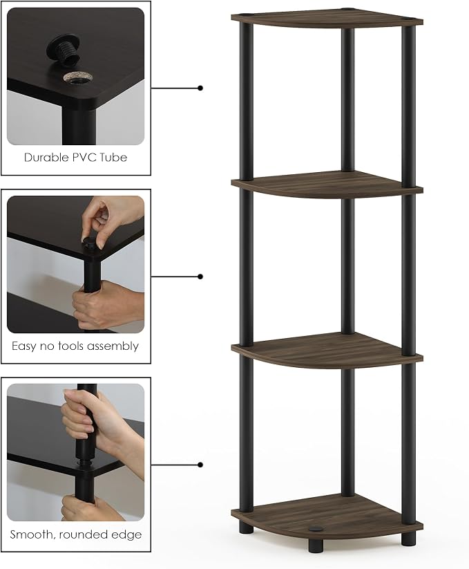 Furinno Turn-N-Tube Toolless Assembly 4-Tier Corner Shelf, Rustic Brown Corner Book Shelf, Open Shelves Bookshelf, for Organization and Storage, Living Room, Home Office, Bedroom, Brown Walnut