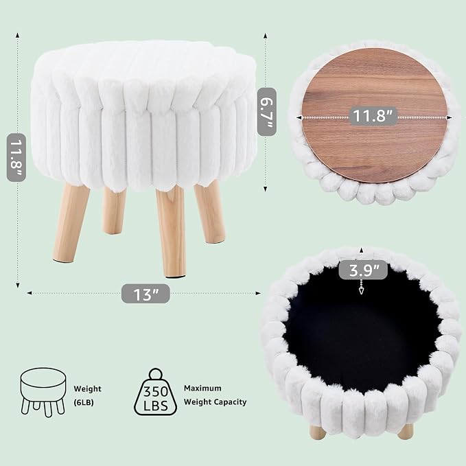 Wimarsbon Storage Ottoman, Modern Round Footrest with Soft Padded Seat, Teddy Velvet Footstool with Wood Legs, Accent Small Table or Plant Stand for Hallway, Living Room (White)