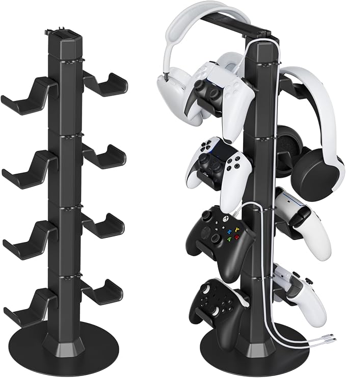 Controller & Headset Holder Stand for Desk, with Charger Cable Organizer Headphone Stand for PS5/ Xbox/ PS4/ Switch, Metal Base Controller Hanger Hook for Storage Earphones, Game Console, Mobile Phone