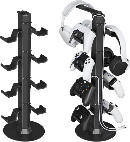 Controller & Headset Holder Stand for Desk, with Charger Cable Organizer Headphone Stand for PS5/ Xbox/ PS4/ Switch, Metal Base Controller Hanger Hook for Storage Earphones, Game Console, Mobile Phone