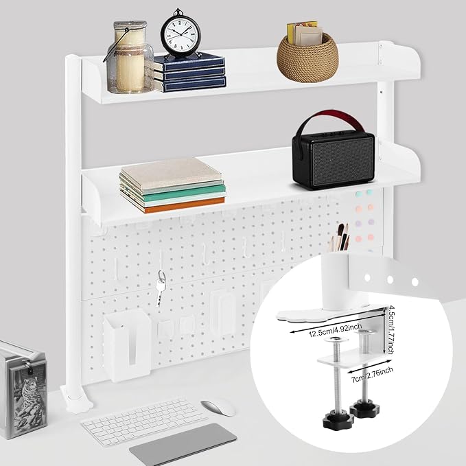 Clamp on Desk Pegboard, 39.4" W x 37.4" H Desk Extender Pegboard Bookshelf Computer Desk Accessories with Shelf for Tool Organizer Office, Privacy Panel for Gaming Desk, White