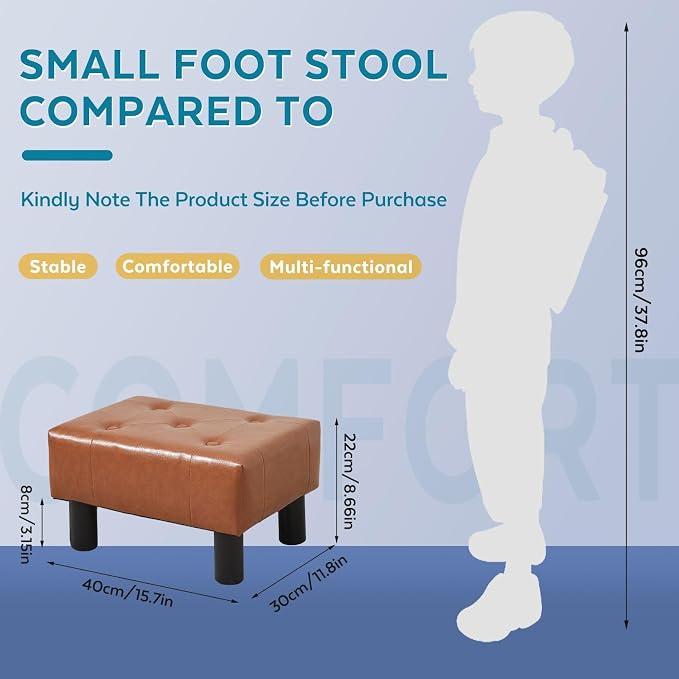 Small Foot Stool Ottoman, Faux Leather Footstool Ottoman Foot Rest for Couch, Rectangle Footstools and Ottomans Small for Living Room, Entryway and Bedroom (Bright Brown)