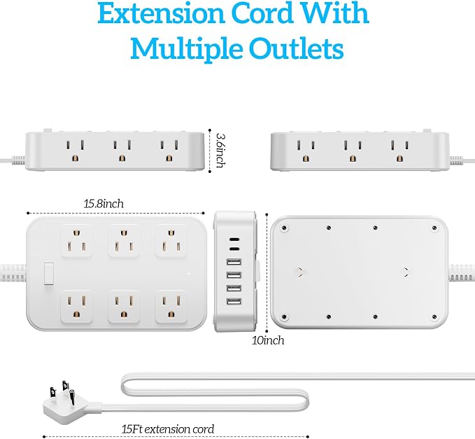 18-in-1 Flat Plug Power Strip Surge Protector Extension Cord-15Ft | 12 AC,6 USB,45° Flat Plug 0.31", 1250W/10A,1440J Surge Protection,ETL Listed,Mountable