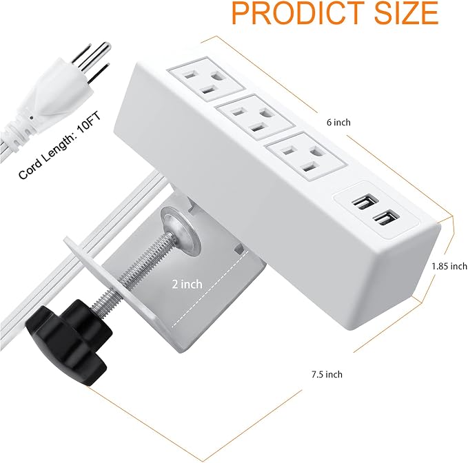 3 Outlet Desk Clamp Power Strip, Desktop Power Strip with USB Ports, Desk Mount USB Charging Power Station, on Desk Edge Power Outlet 125V 12A 1500W, 10 FT Desk Outlet Strip. (White)