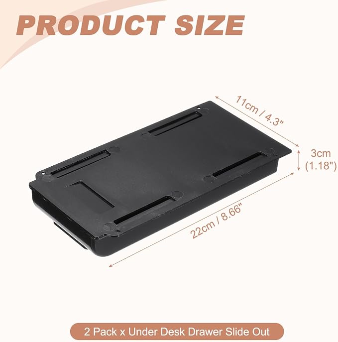 PATIKIL 2 Pack Under Desk Drawer Slide Out, 8.66 x 4.3" Plastic Table Storage Drawers Slide Out Storage Box for Laptop Study Desks Dining Dressing Tables Wardrobes Cabinets, Black