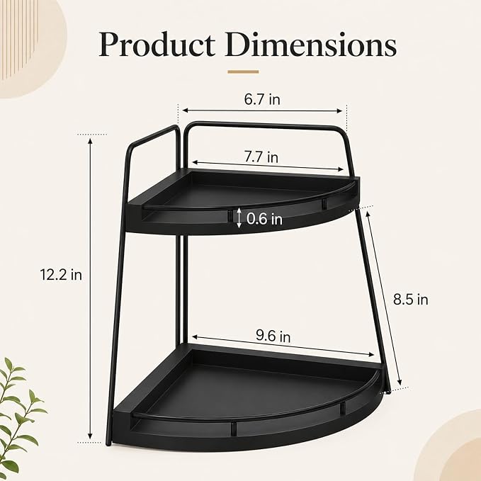 2-Tier Triangle Corner Desk Organizer, Black Wood Base and Iron Storage Shelf, 9.6 x 9.6 x 12.2 in, Easy Assembly Corner Counter Shelf for Kitchen Countertop, Bathroom Vanity, Office Rack