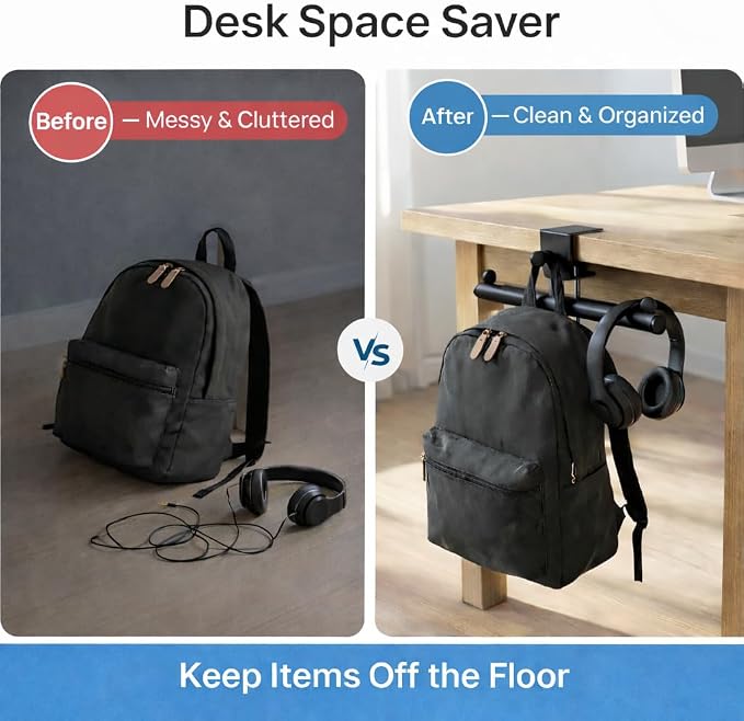 Heavy-Duty Backpack Hanger for Desk & Table, Adjustable Desk Hook for Bag with 80lb Capacity, T-Shape Backpack Holder & Purse Hook for Table, Clip-On Desk Bag Hook for Office Classroom Home