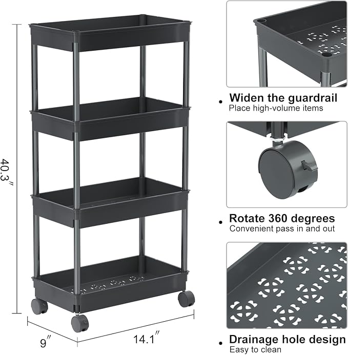 Sooyee 4 Tier Wide Storage Cart Mobile Shelving Unit Organizer Slide Out Storage Rolling Utility Cart Tower Rack for Kitchen Bathroom Laundry, Plastic & Stainless Steel, Black