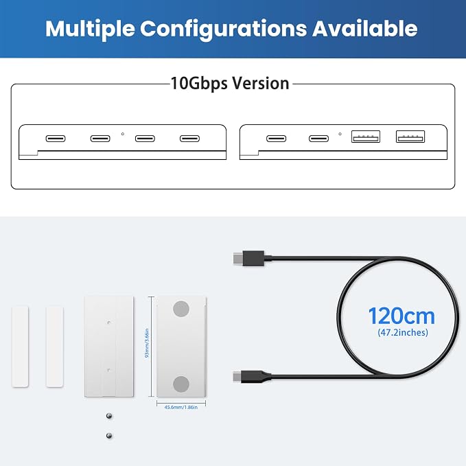 EJAY 10Gbps Magnetic USB-C Hub, 4-Port USB 3.2 Gen2 Desktop Hub with 47" Extra Long Cable, Aluminum USB C Splitter, Under Desk Mount Multi Port USB Hub for MacBook, PC, Surface, SSD, Silver
