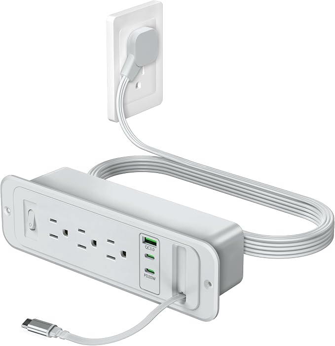 Recessed Power Strip with Retractable USB C Cable,2 PD 20W USB C,Flush Mount Countertop Drawer Outlet, Furniture Hidden Outlet for Side Table,End Table,3 Outlets (Grey, 6FT-20W USB)
