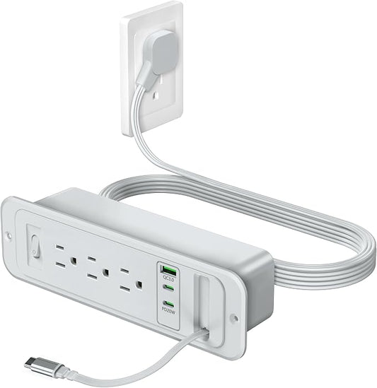 Recessed Power Strip with Retractable USB C Cable,2 PD 20W USB C,Flush Mount Countertop Drawer Outlet, Furniture Hidden Outlet for Side Table,End Table,3 Outlets (Grey, 6FT-20W USB)