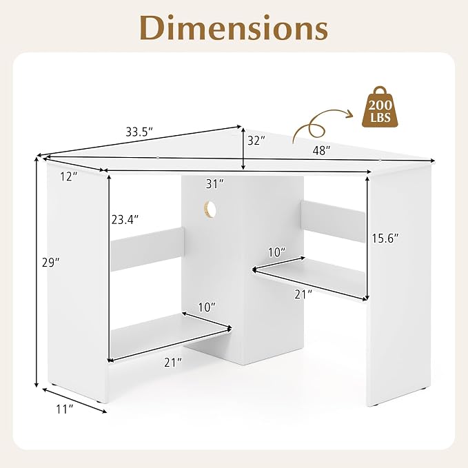 Giantex Corner Desk, Space-Saving Triangle Computer Desk with Storage Shelves & CPU Stand, Modern Makeup Vanity Table for Bedroom, Writing Desk for Small Spaces (White)