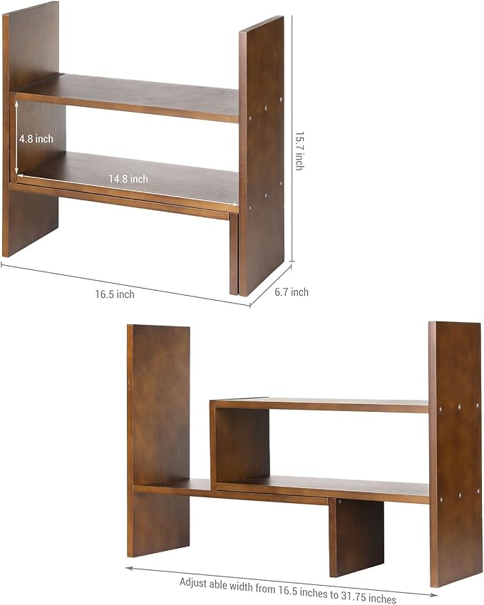 MyGift Adjustable Brown Solid Wood Desktop Storage Organizer Display Shelf Book Rack, Home Office Desk Decor Bookshelf