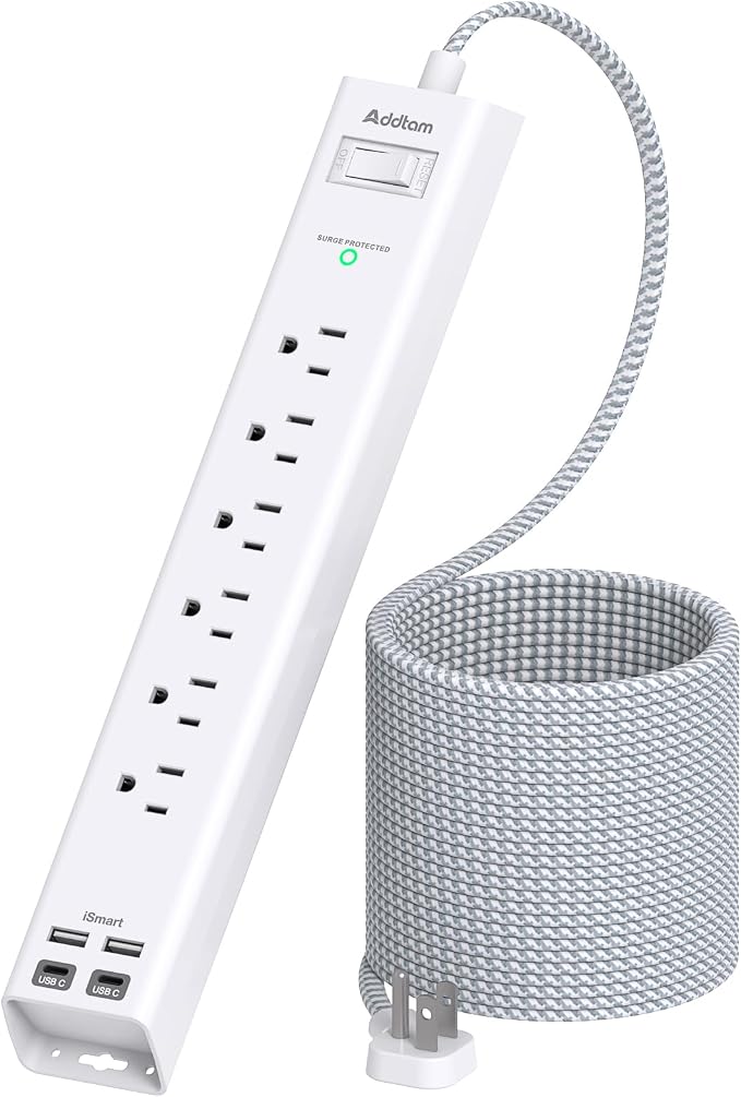 Addtam 20ft Extra Long Power Strip Surge Protector, 6 Outlets and 4 USB Ports (2 USB C), Ultra Flat Plug Wall Mount, Multi Plug Outlet Extender Desktop Charging Station for Home, Office, Garage