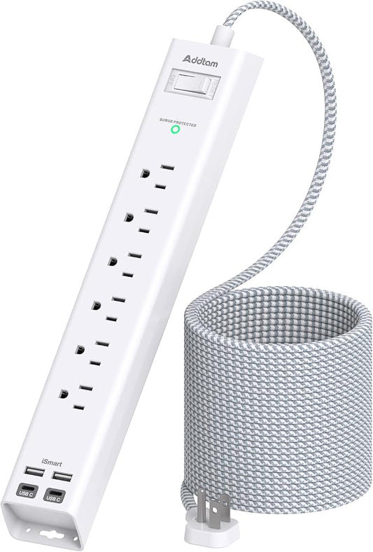 Addtam 25ft Extra Long Power Strip Surge Protector, 6 Outlets and 4 USB Ports (2 USB C), Ultra Flat Plug Wall Mount, Heavy Duty Extension Cord Charging Station for Large Room, Garage, Workshop