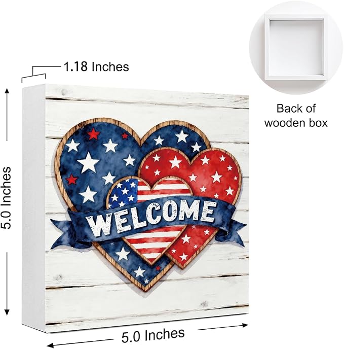 Patriotic Wooden Box Sign,Welcome Heart 4th Of July Signs Home Decor,Independence Memorial Day Block Sign for Desk Shelf Tabletop Decor