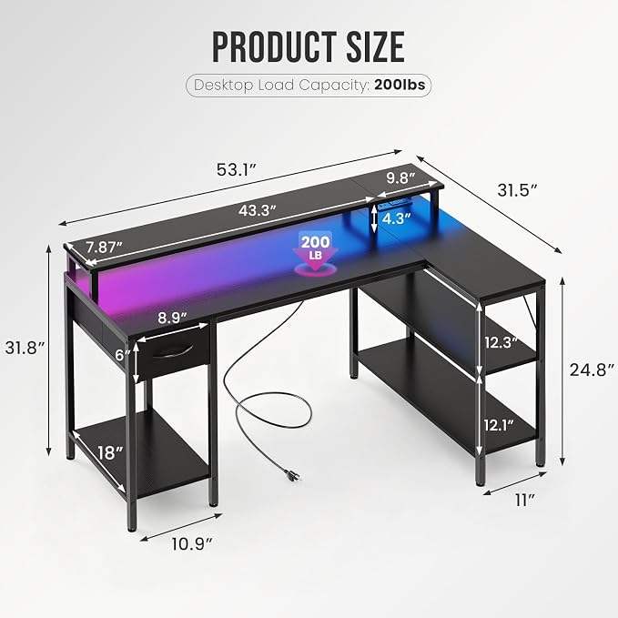 DUMOS 53" Gaming Desk with USB Charging Ports & LED Lights, Reversible L-Shaped Corner Computer Table for Small Spaces, Power Outlets, Monitor Stand & Storage Shelves Included, Modern Black