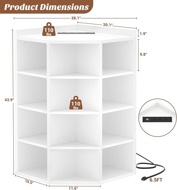 Aheaplus Corner Cabinet, 5-Tier Corner Bookshelf with Power Outlets, Corner Cube Storage Shelf with Top Table, Wooden L Cubby Toy Storage with 12 Cubes for Home Office, Bedroom, Living Room, White