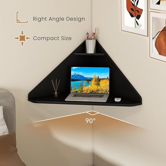 Giantex Corner Floating Desk, Wall Mounted Computer Desk with Storage Shelf, Space-Saving Writing Desk, Triangle Laptop Desk for Living Room, Study, Bedroom, Home Office & Small Spaces (Black)