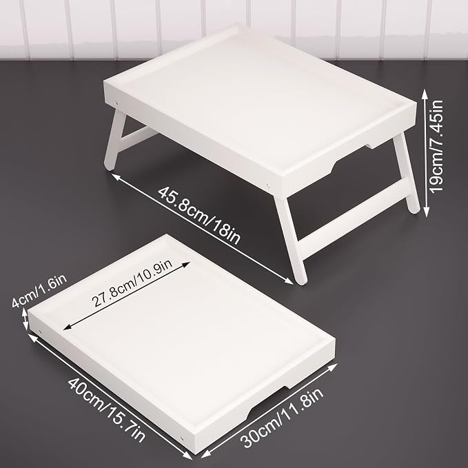 Fibogollo 4 Pack Bamboo Bed Tray Table with Folding Legs,Breakfast Trays,Serving Tray for Food and Snack,Laptop Trays for Working(White)