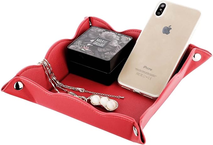 Valet Tray for Men Women 2 Pack - PU Leather Travel Catchall Tray Organizer - Desk Bedside Nightstand Storage Box for Jewelry Key Phone Remote Controller Wallet Watch Glasses Readers -Red