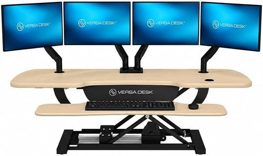 VERSADESK PowerPro 48 Inch Electric Standing Desk Converter – Push-Button Height Adjustable Sit to Stand Desk Riser for Multiple Monitors – Motorized Desktop Workstation with Wide Keyboard Tray