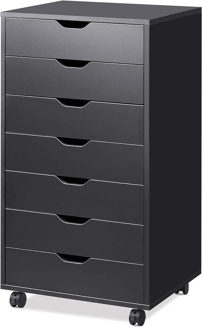 DEVAISE 7-Drawer Office Cabinets, Wood Storage Drawer File Cabinet with Wheels, Black
