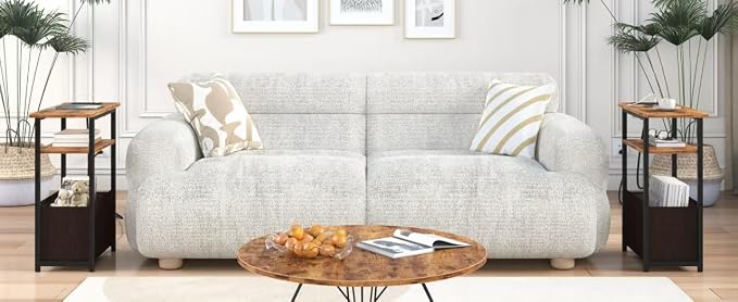sthmec Narrow Side Table with Charging Station Set of 2, Small End Table for Small Spaces, Skinny Nightstands Set 2 with Storage Basket,Sofa Bedside Tables for Living Room,Bedroom, Rustic Brown