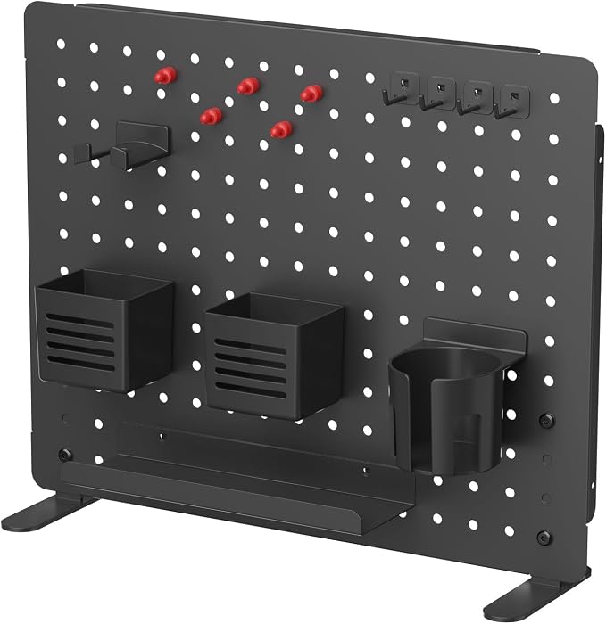 Kantek Pegboard Desktop Organizer & Accessories, Sits, Hangs or Clamps to Tables, 20.58” X 17” Black Steel Privacy Panel, Cup Holder, Pen Cup, Headphone Holder, Tray, Magnets, Easy Install