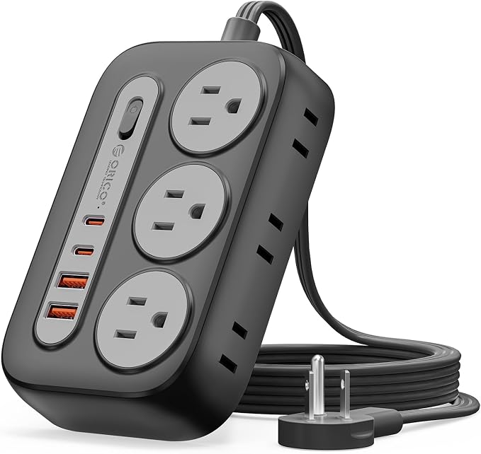 ORICO Surge Protector Power Strip, PD20W Multiple Outlets Extension Cord with 6 AC Outlets and 4 USB Charging Ports (2 USB-C), 45° Flat Plug, 5 Ft Mountable Outlet Extender for Home/Office/Dorm - OG