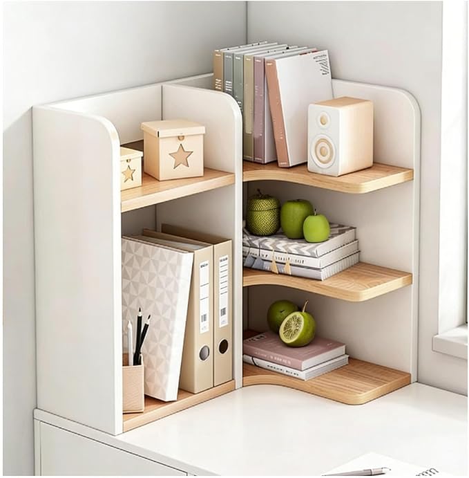 Corner Desk Shelf Organizer – 3-Tier Wooden Desktop Bookshelf, Freestanding Display Rack for Home Office, Dorm, American Style Storage Shelf(White,60x50cm/23.6x19.7in)