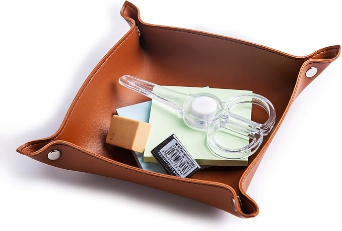 Leather Jewelry Valet Tray for Women and Man, Portable Entryway Table Tray Bedside Nightstand Desk Tray Small Catchall Travel Dish Plate for Key,Wallet,Watch,Coin (4PCs Brown-B)