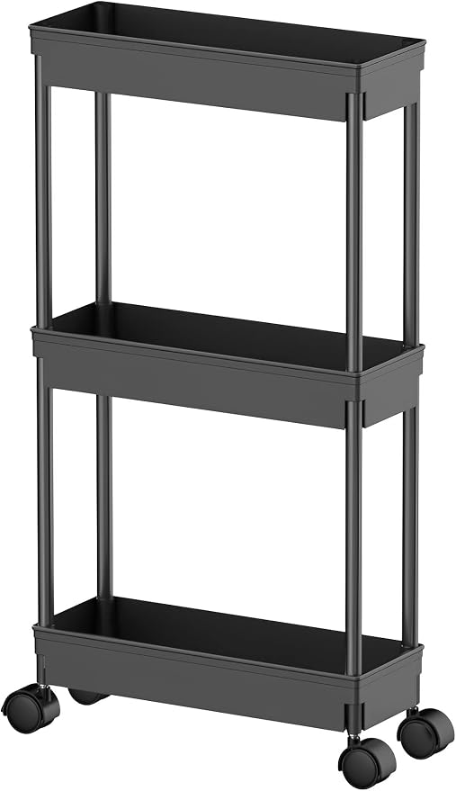 Sooyee 3-Tier Rolling Cart with Wheels, Slim Narrow Storage Cabinet, Under Desk Storage Organizer for Office, Bathroom, Kitchen, Laundry Room, Narrow Places, Black