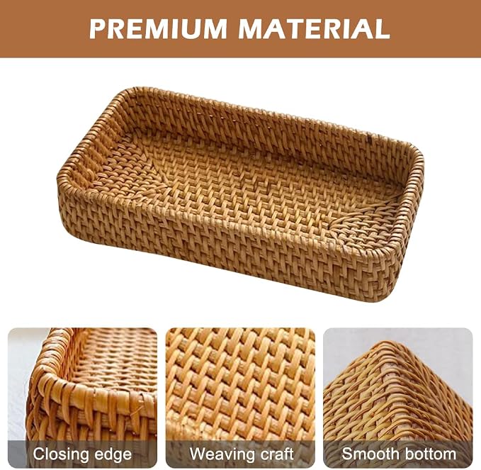 ‌Rattan Serving Tray & Vanity Storage Basket, Natural Wicker Display Tray for Keys, Jewelry, Cosmetics, Bathroom Countertop, Living Room, Entryway, Office