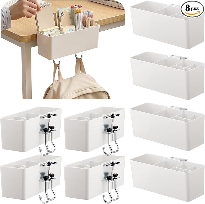 Reallnaive 8 Pcs Desk Side Storage for Classroom Back to School Desk Side Organizer Gift No Drill Holder Clamp Plastic Desks Organizer for Table Chair to Hold Pen Phone Notebook for Office Classroom