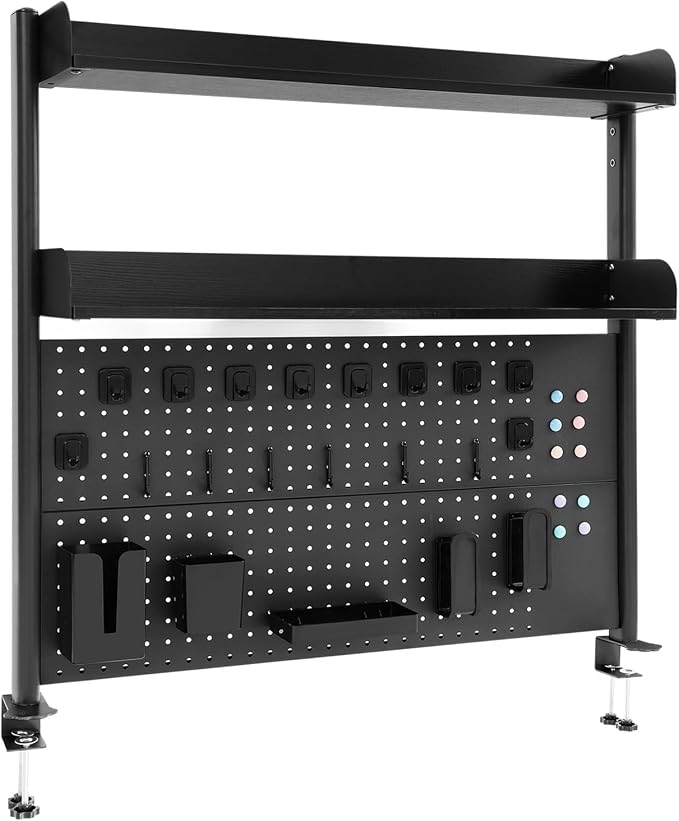 Clamp On Desk Organizer Shelf, 2 Tier Clamp-on Above or Under Desktop Storage Shelf Multipurpose Desktop Bookshelf Shelving Unit for Table Accessories (Black)