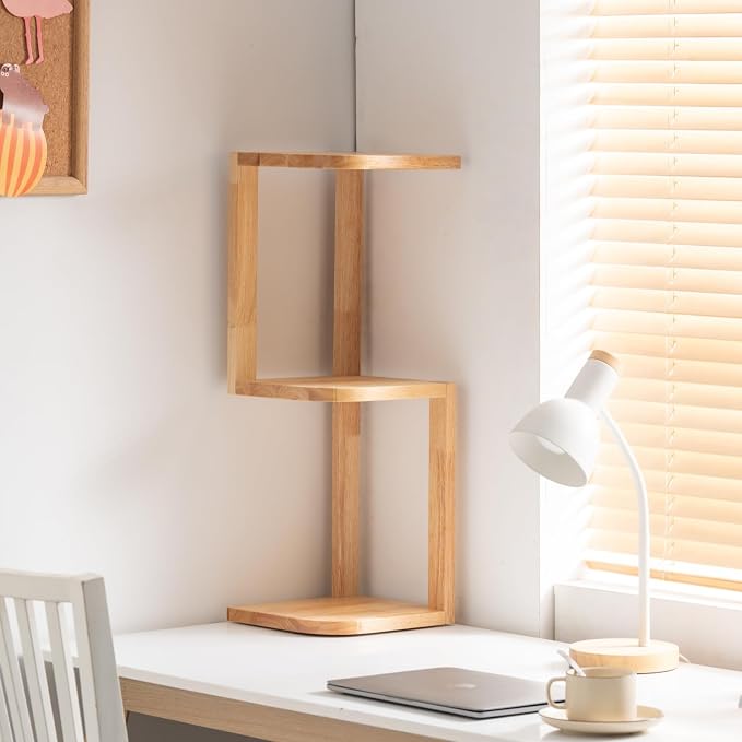 Corner Shelf Stand Desk Organizer,26.8" H Rubberwood Brown Rack for Small Spaces, Bedroom,Home Office,Kitchen,Bathroom (Natural, 3 Tier)