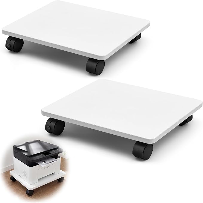 Beeveer 2 Pcs Office Under Desk Printer Stand with 4 Caster Wheels 16 x 14 Inches White Movable Printer Copier Shelf CPU Holder for Home Office Heavy Duty Storage Rack Scanner Fax Machine