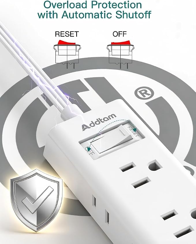 Addtam Flat Plug Power Strip with 6 Outlet Extender, 10 FT Extension Cord Flat Wall Plug with Multiple Outlets, No Surge Protector for Cruise Ship, Travel, Dorm, Home Office, Cruise Essentials, White