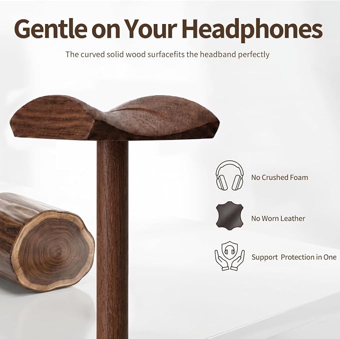 Headphone Stand Nature Wood Headset Hanger Mount Hook Gaming Holder Desktop Earphone Artful Functional Stand for All Headsets with Solid Wooden Base