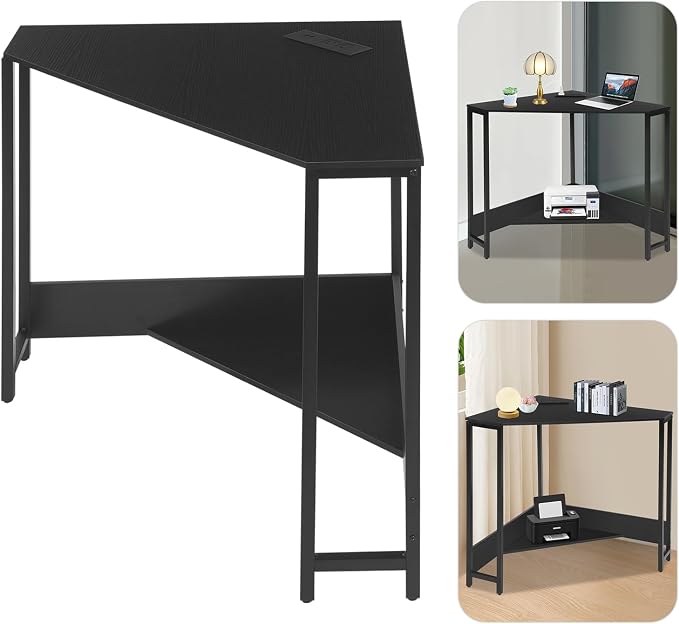 Corner Desk with Outlets and USB Ports, 26.77x26.77x29.53in Triangle Desk with Storage for Home Office, Workstation, Living Room, Bedroom, Small Space (Black)