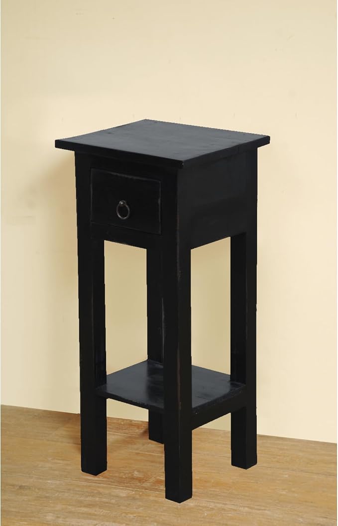 HomeStock Two-Tier Side Table with Drawer - Fully Assembled Narrow End Table Distressed Black