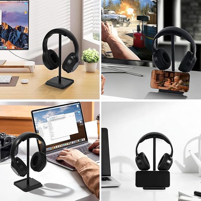Headphone Stand, Headset Holder with Phone Holder for Desk Office Gaming, TPU-Padded Headrest, Aluminum Pole, Anti-Slip ABS Base, Universal Earphone Stand, 2 Pack Black