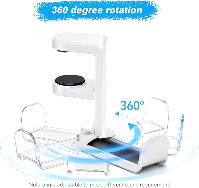 Universal Headphone Stand & Headset Holder - 360° Swivel Under Desk Headphone Hook with Cable Management Clip (White)